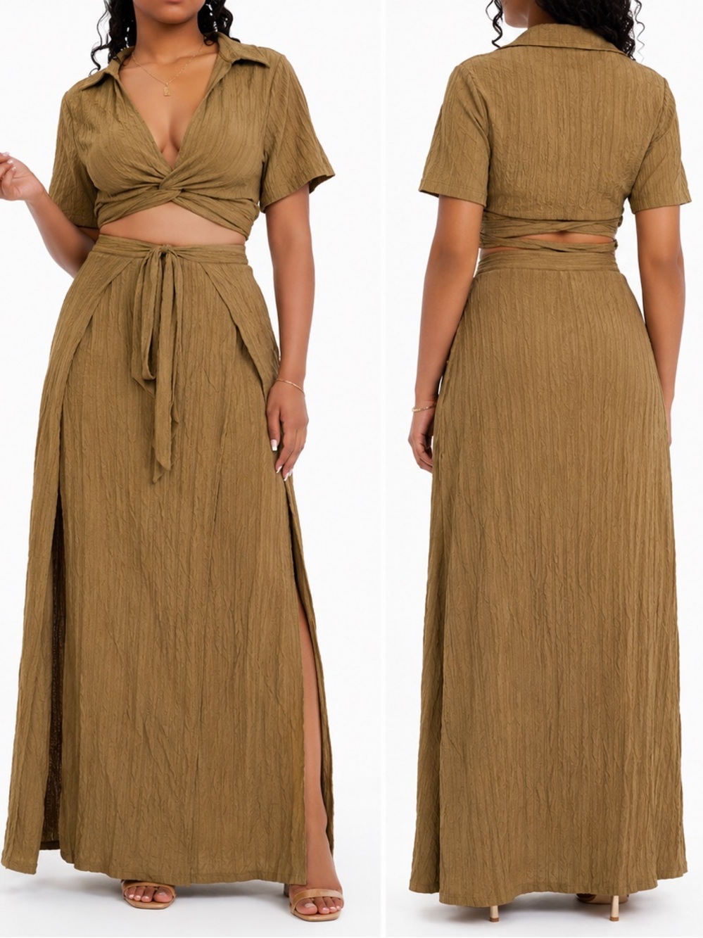 NWT Forever 21 Resort Matching Set Olive Wrap Crop Top Maxi Skirt Boho S/M